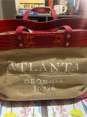 Brahmin Burlap Tote with Red Faux-Croc Trim